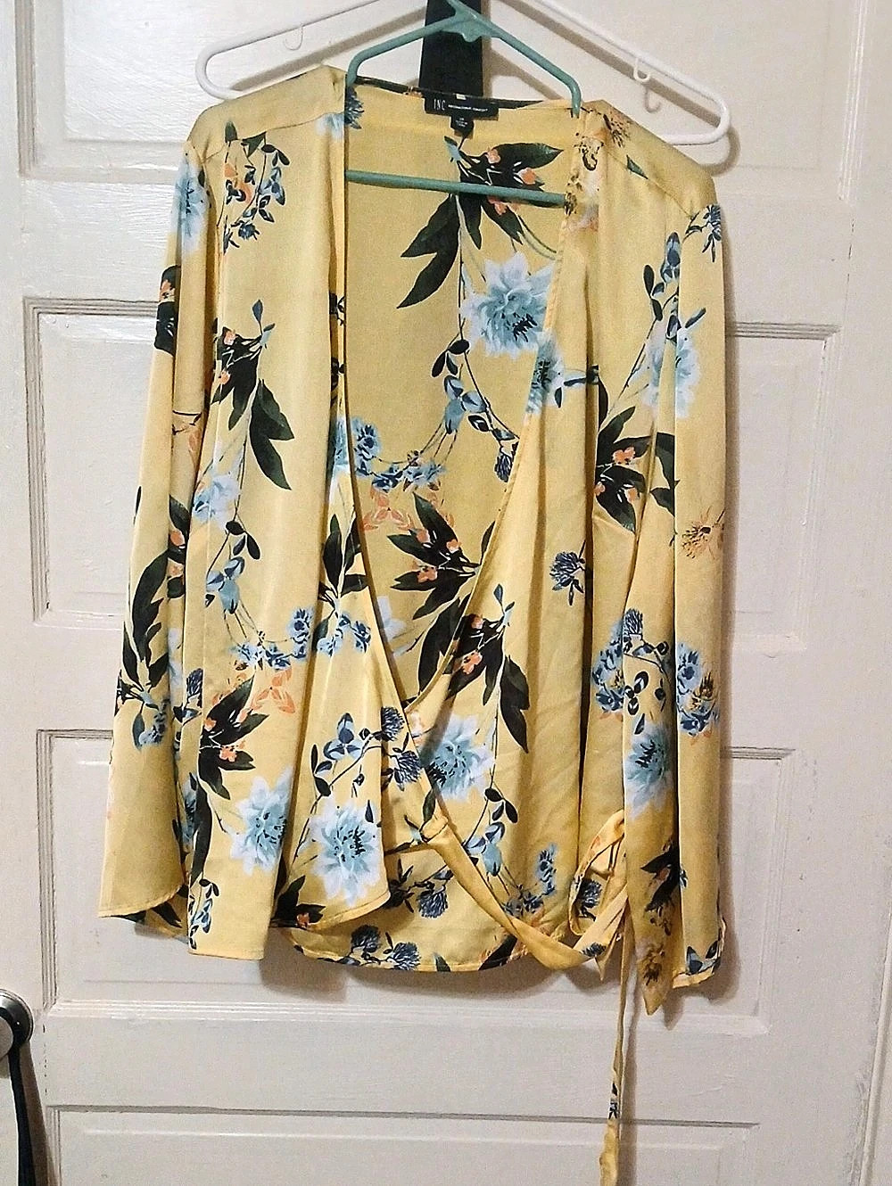 INC International Concepts Floral Wrap Blouse in Yellow & Blue Size Medium